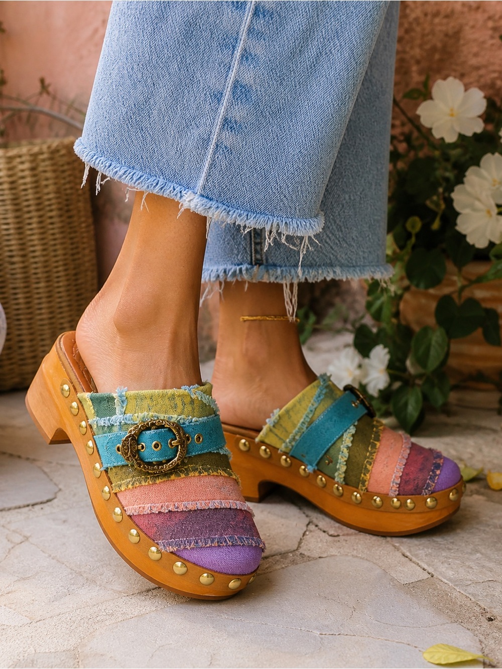Kurt Geiger London Mayfair Clog Rainbow Multi Patchwork Denim Mule Size 38.5